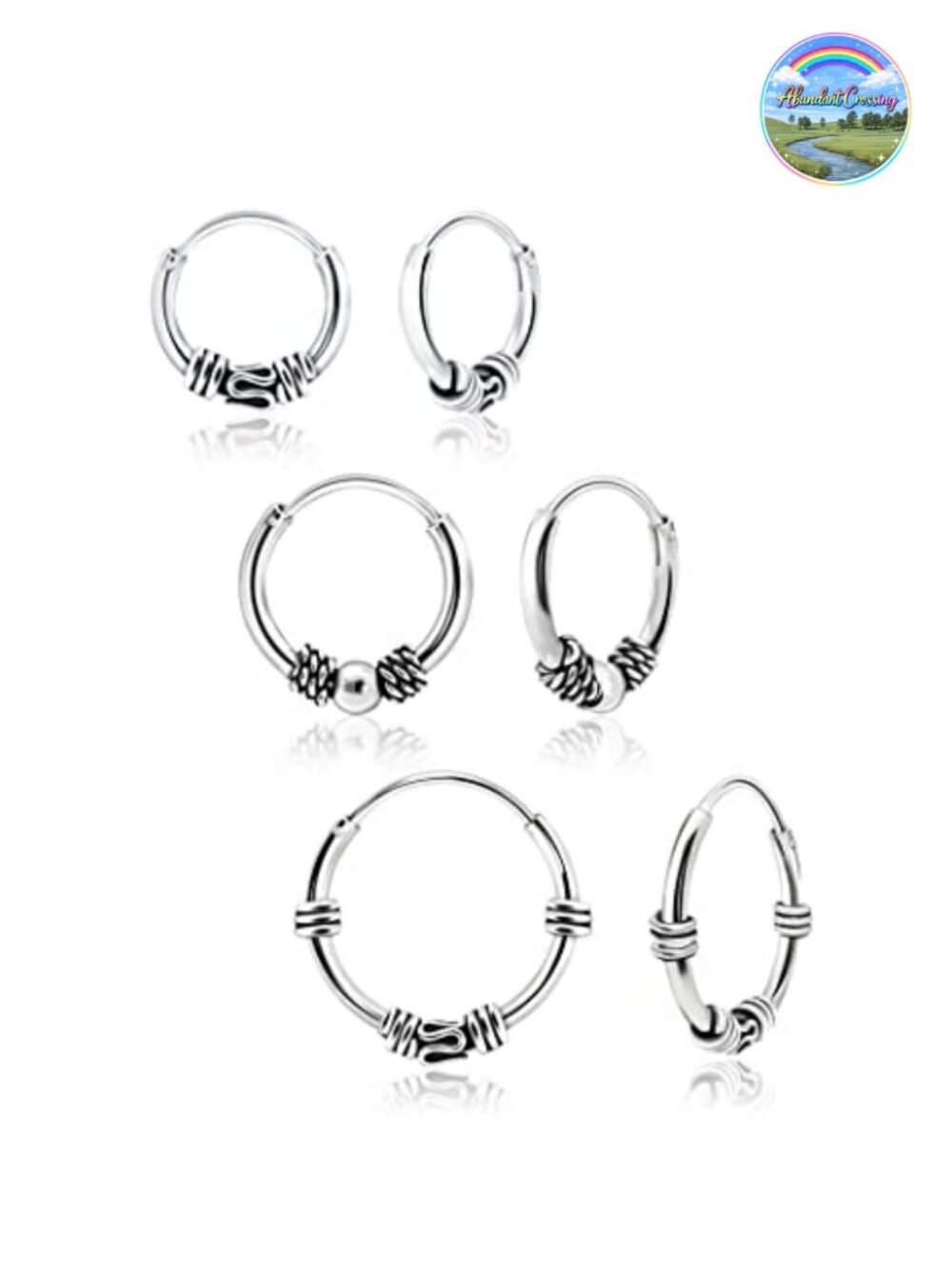 925 Sterling Silver Bali Hoop Earrings Set of 3 Pairs 10mm 12mm 14mm Beaded